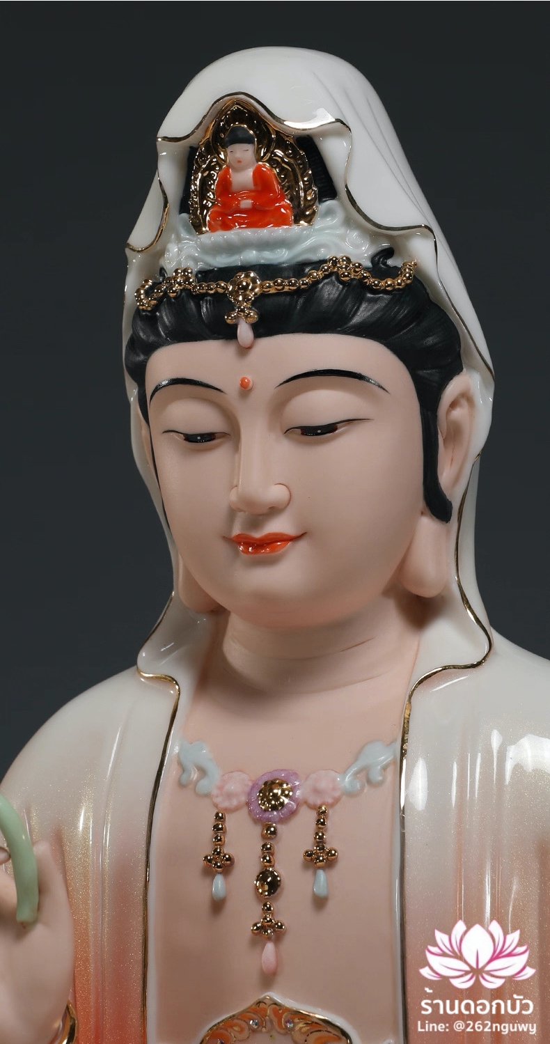 พระโพธิสัตว์กวนอิม พระแม่กวนอิมปางประทานพร ประทับนั่งดอกบัว งานกระเบื้องฮกเกี้ยน ขนาด 12/14/16/19 นิ้ว