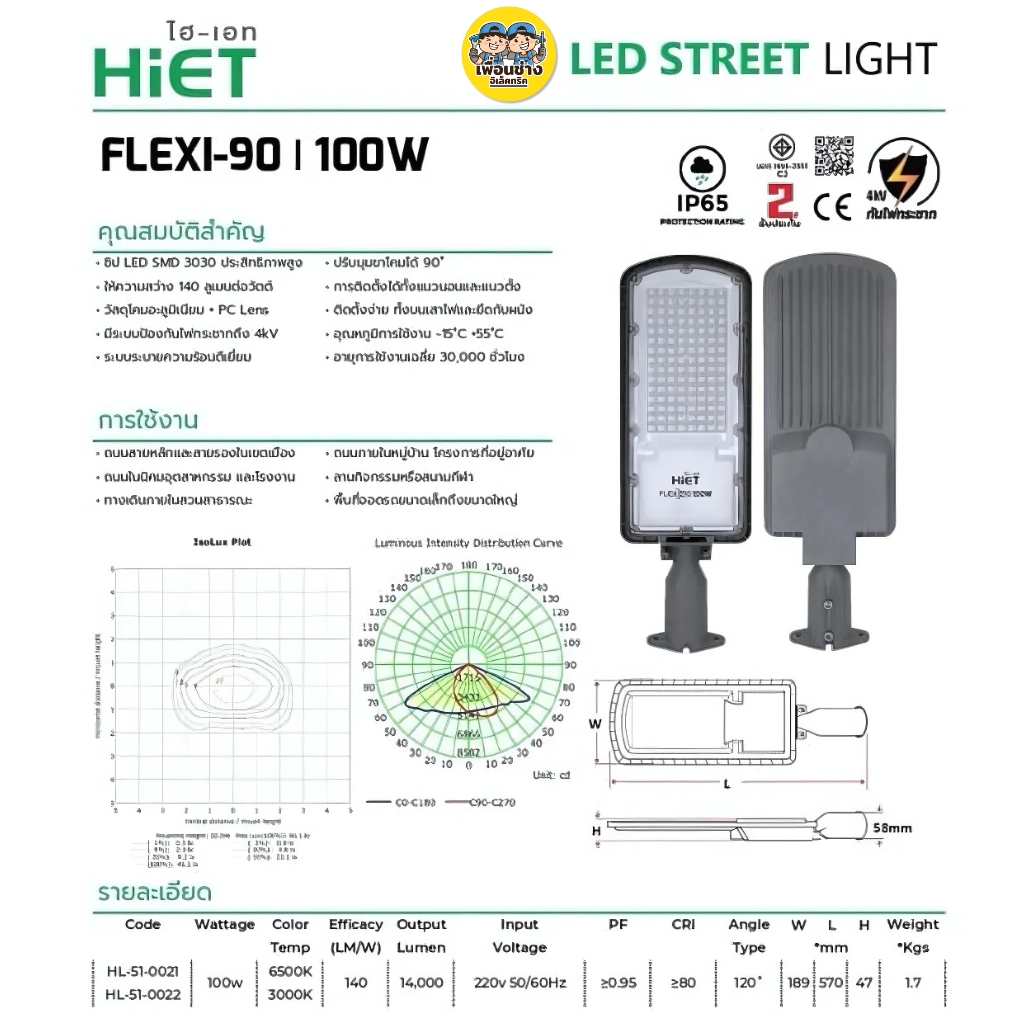 HiET โคมไฟถนน LED รุ่น FLEXI-90 50W 100W 150W 200W โคมไฟถนน โคมไฟ กันน้ำ IP65 STREET LIGHT 2แสง เดย์ไลท์ Daylight วอร์มไวท์ Warmwhite
