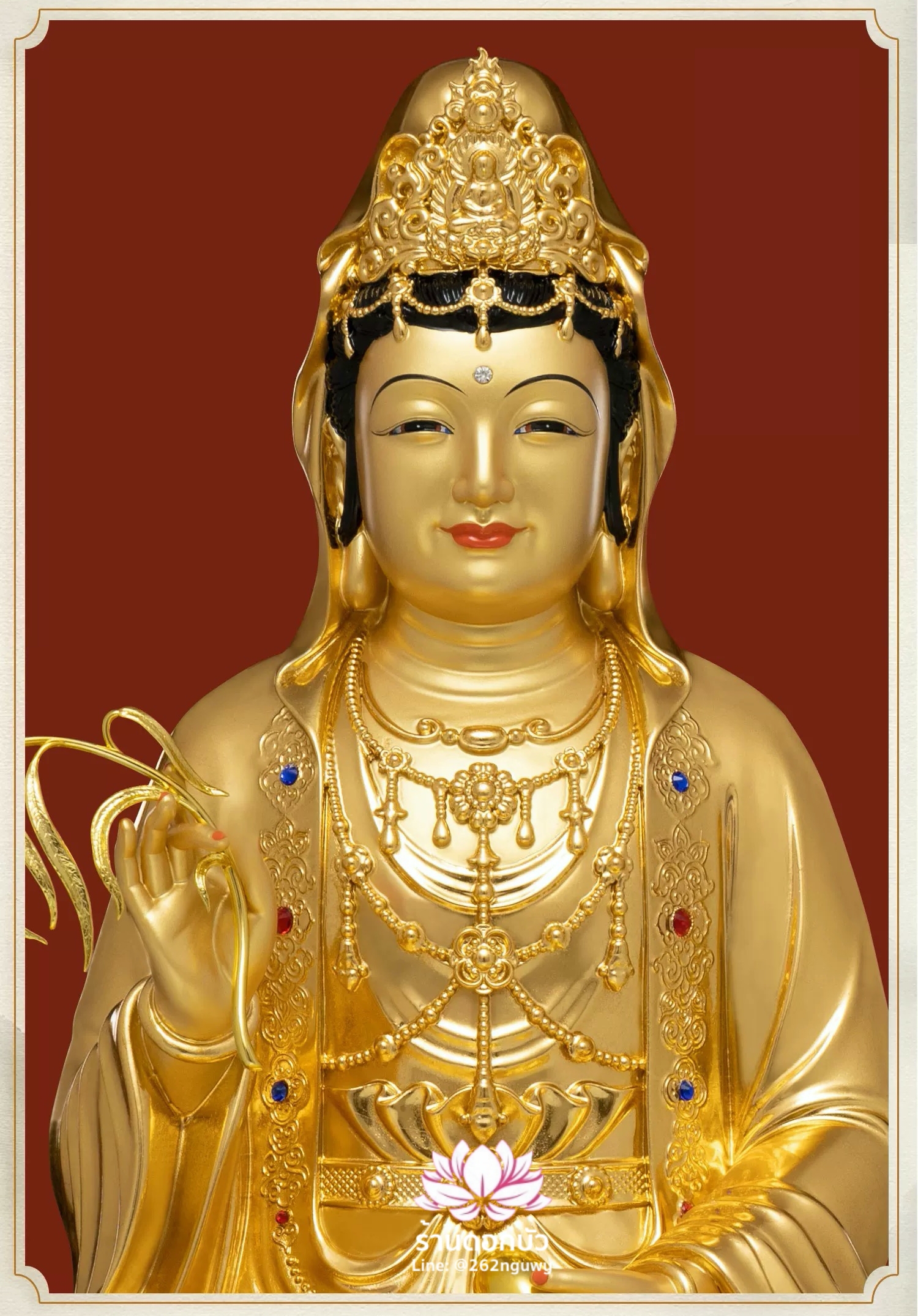 พระโพธิสัตว์กวนอิม พระแม่กวนอิม ปางประทานพรนั่งบนดอกบัว สีทอง งานเรซิ่น ขนาด 12/16/19/26 นิ้ว