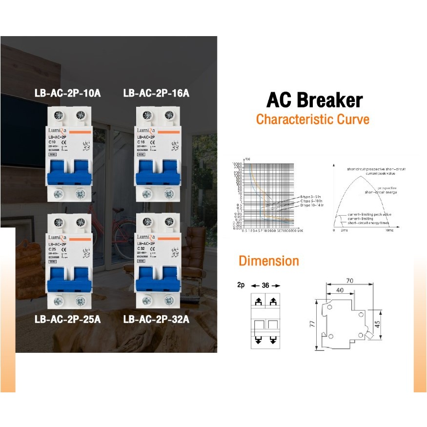 Lumira เซอร์กิตเบรกเกอร์ AC ขนาด 2P เบรกเกอร์ Circuit Breaker เบรคเกอร์ สำหรับระบบ โซล่าเซล หรือ ไฟบ้าน
