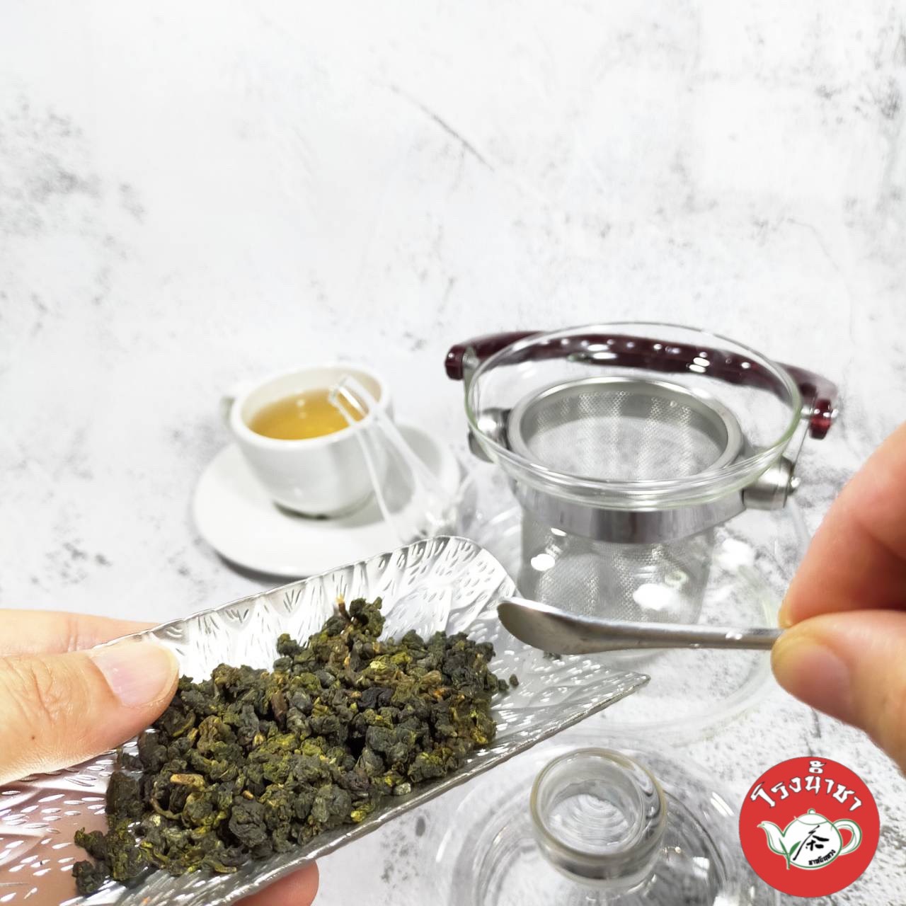 ที่เตรียมชา (ถาดเรียงชา) ลายดอกบัว สีเงิน พร้อมช้อน