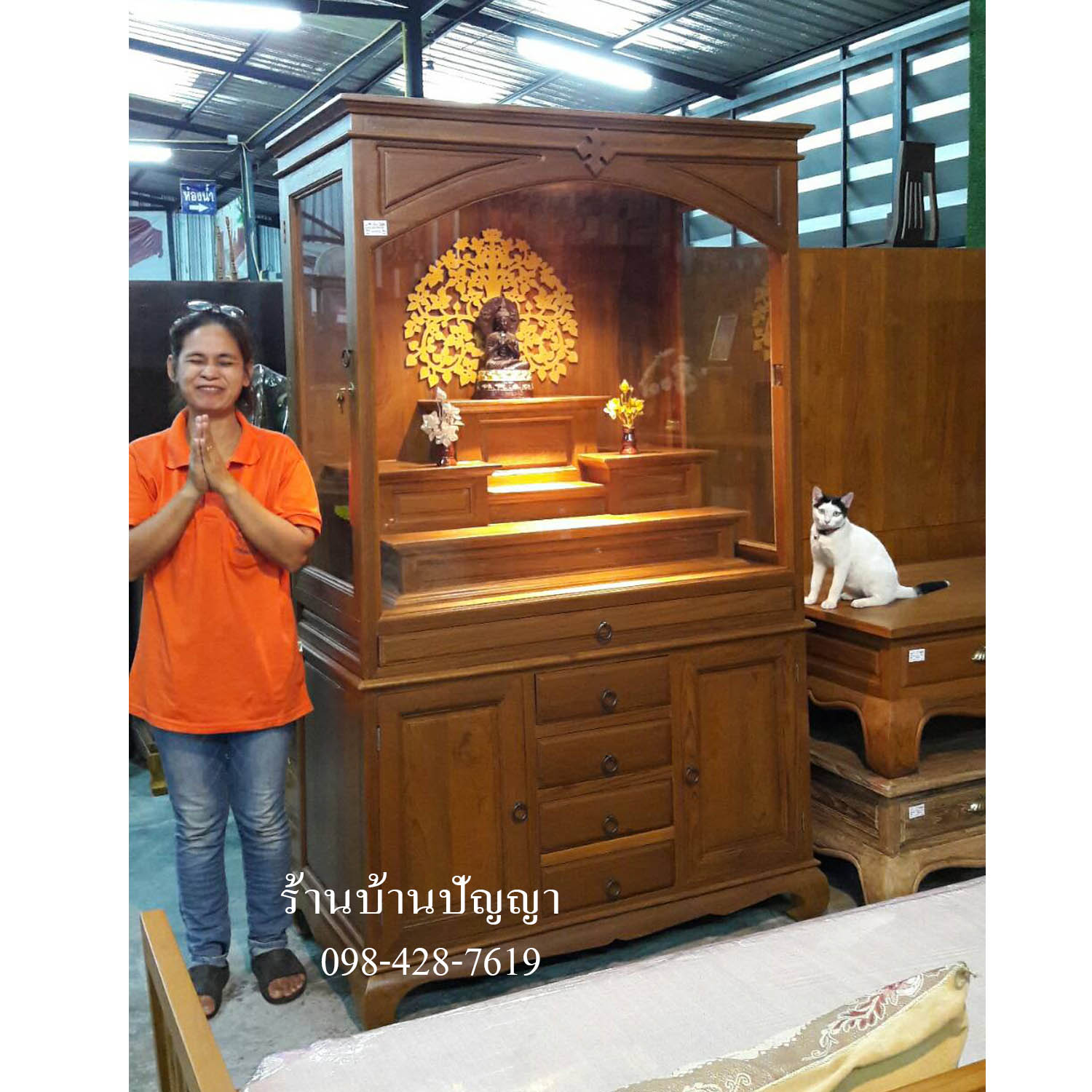 ตู้พระทรง A ขาคู้ ( หมู่ 5 เล็ก ) 4 ลิ้นชัก สีไม้