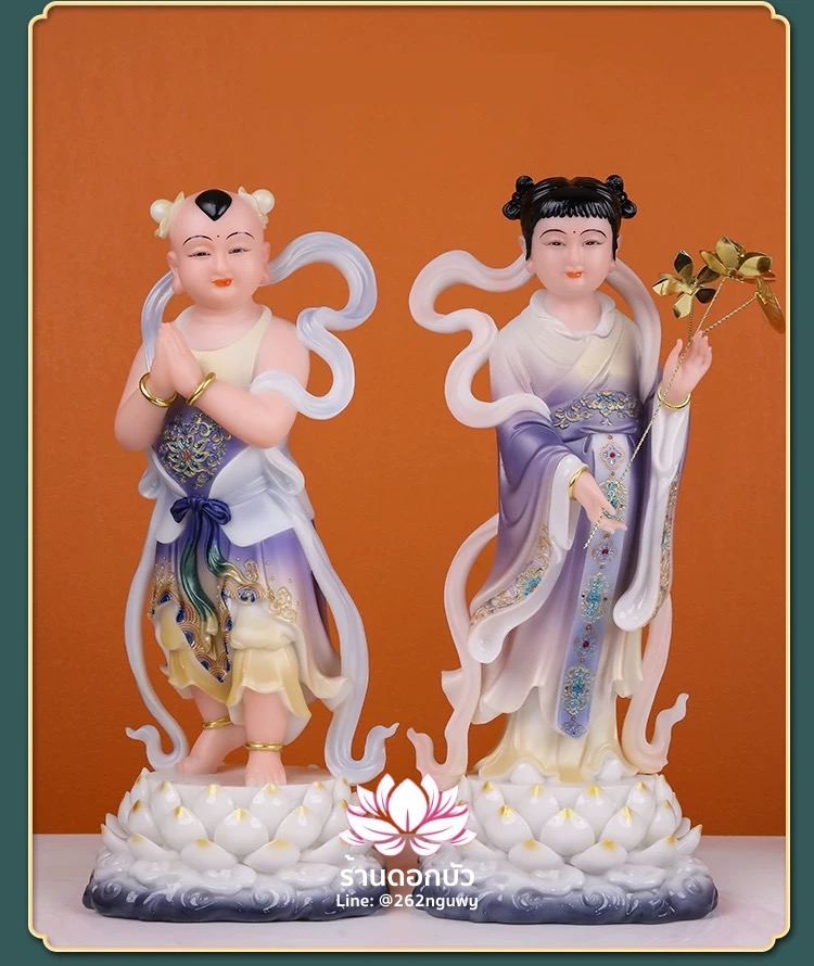 กิมท้ง-เง็กนึ่ง เซียนจ๋าย-หยกลื้อ ลูกศิษย์พระโพธิสัตว์กวนอิม ปางยืนบนดอกบัว งานหินอ่อน ขนาด 12/16/19 นิ้ว