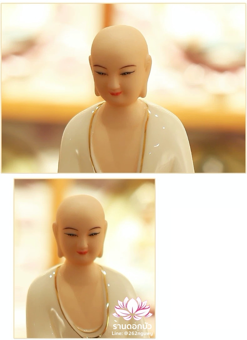 พระพุทธเจ้าและพระอัครสาวก พระมหากัสสปะและพระอานนท์ งานกระเบื้องฮกเกี้ยน ลงสีขลิบทอง