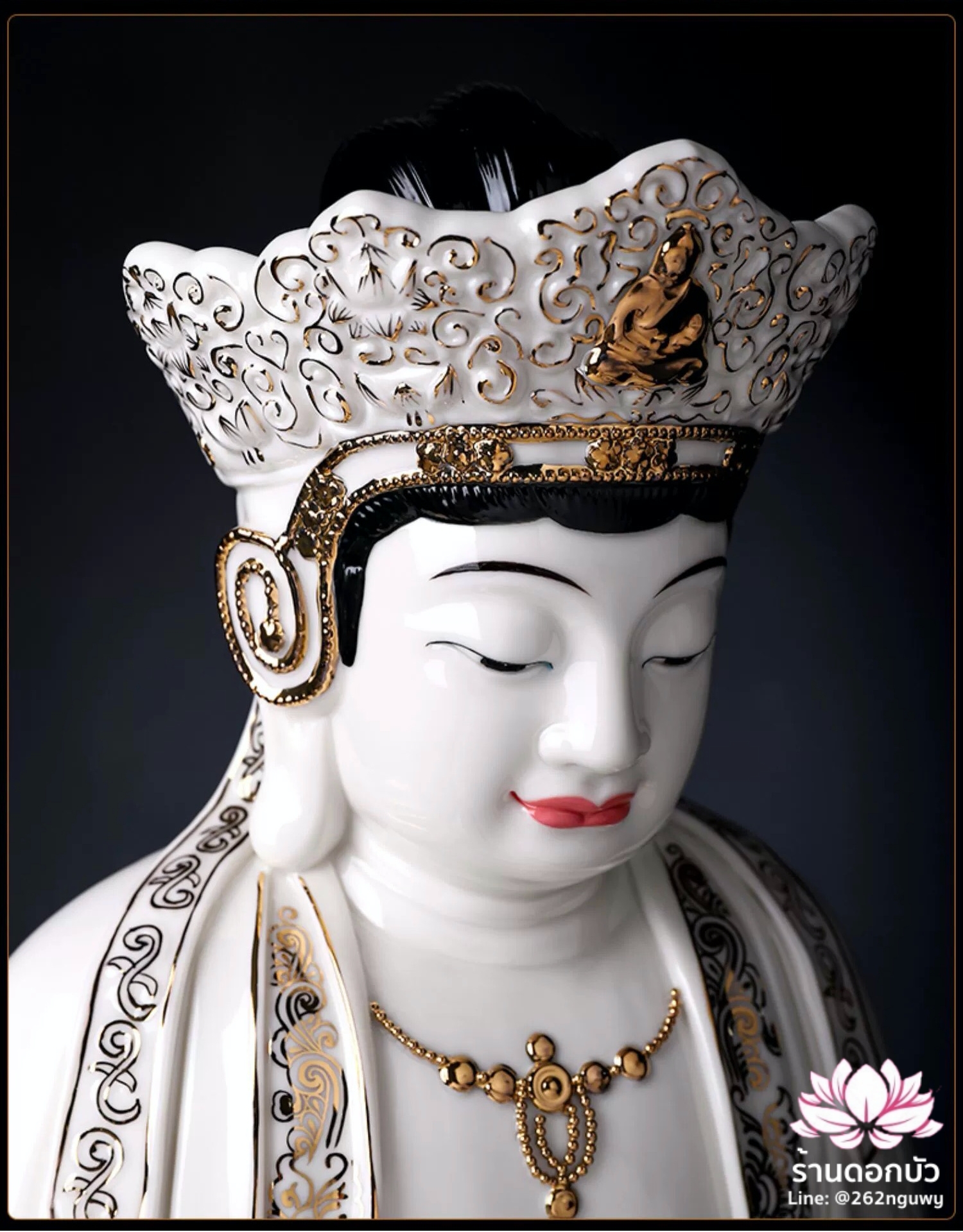 พีลูกวนอิม พระโพธิสัตว์กวนอิมปางสำเร็จธรรม ฝีมือช่างระดับอาจารย์ สีขาวขลิบทอง ขนาด 18 นิ้ว