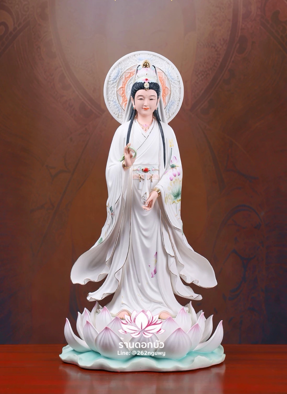 พระโพธิสัตว์กวนอิม พระแม่กวนอิมปางประทานพร ยืนบนดอกบัว (เมี่ยวซ่าน) งานกระเบื้องฮกเกี้ยนคุณภาพสูง ขนาด 12/16/19/26/36 นิ้ว