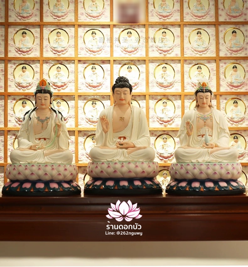 พระพุทธเจ้า พระโพธิสัตว์กวนอิม พระมหาสถามปราปต์ ปางประทับนั่งดอกบัว ขนาด 22 นิ้ว