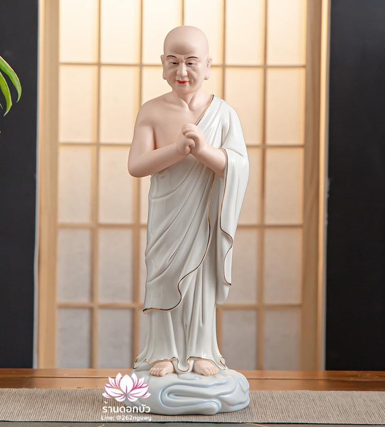 พระพุทธเจ้าและพระอัครสาวก พระมหากัสสปะและพระอานนท์ งานกระเบื้องฮกเกี้ยน สีขาวขลิบทอง