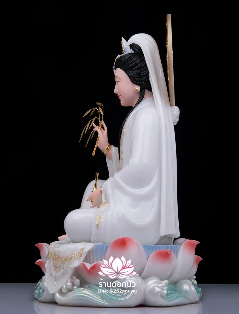 พระโพธิสัตว์กวนอิม ปางนั่งชันเข่าประทับบนดอกบัว งานหินอ่อนคุณภาพสูง ขนาด 12/16/19/26 นิ้ว