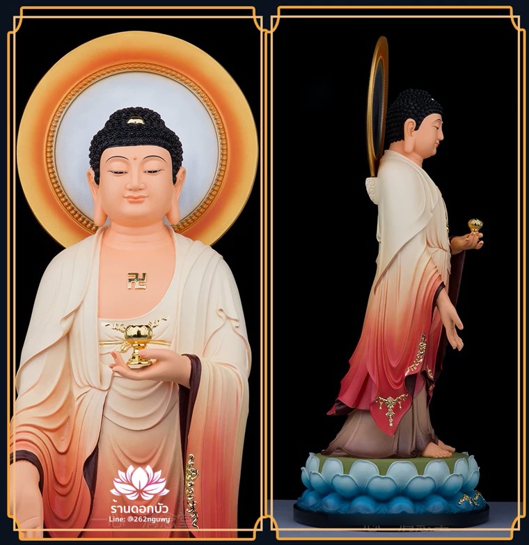 พระพุทธเจ้า (พระยูไล) พระโพธิสัตว์กวนอิม (กวนอิมผ่อสัก) พระมหาสถามปราปต์โพธิสัตว์ (ไต่ซีจี่ผ่อสัก) ปางยืนบนดอกบัว ขนาด 12/16/19/26 นิ้ว