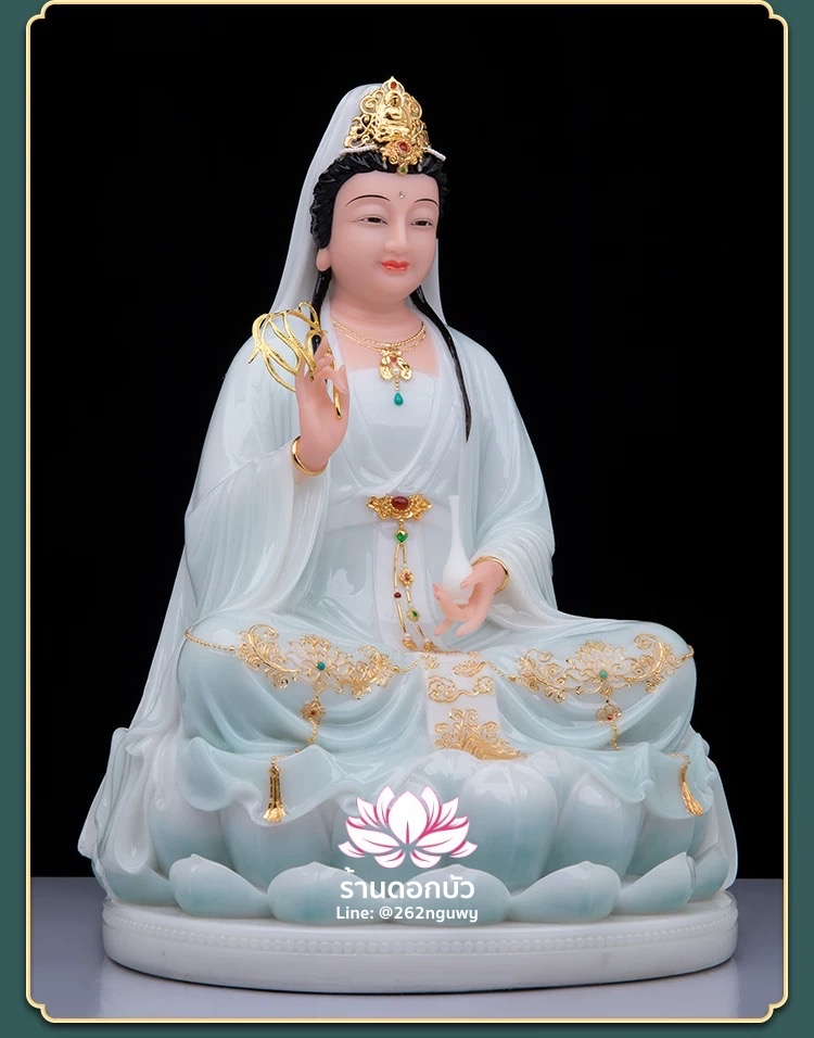 พระโพธิสัตว์กวนอิม พระแม่กวนอิมปางประทานพร ประทับนั่งบนดอกบัว งานหินอ่อน ขนาด 12/16/19/26 นิ้ว