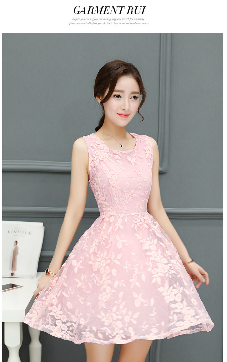 ชุดเดรสสั้นผ้าแก้วปักลายดอกไม้สีชมพูโอโรส แขนกุด กระโปรงทรงเอ สวยหวาน