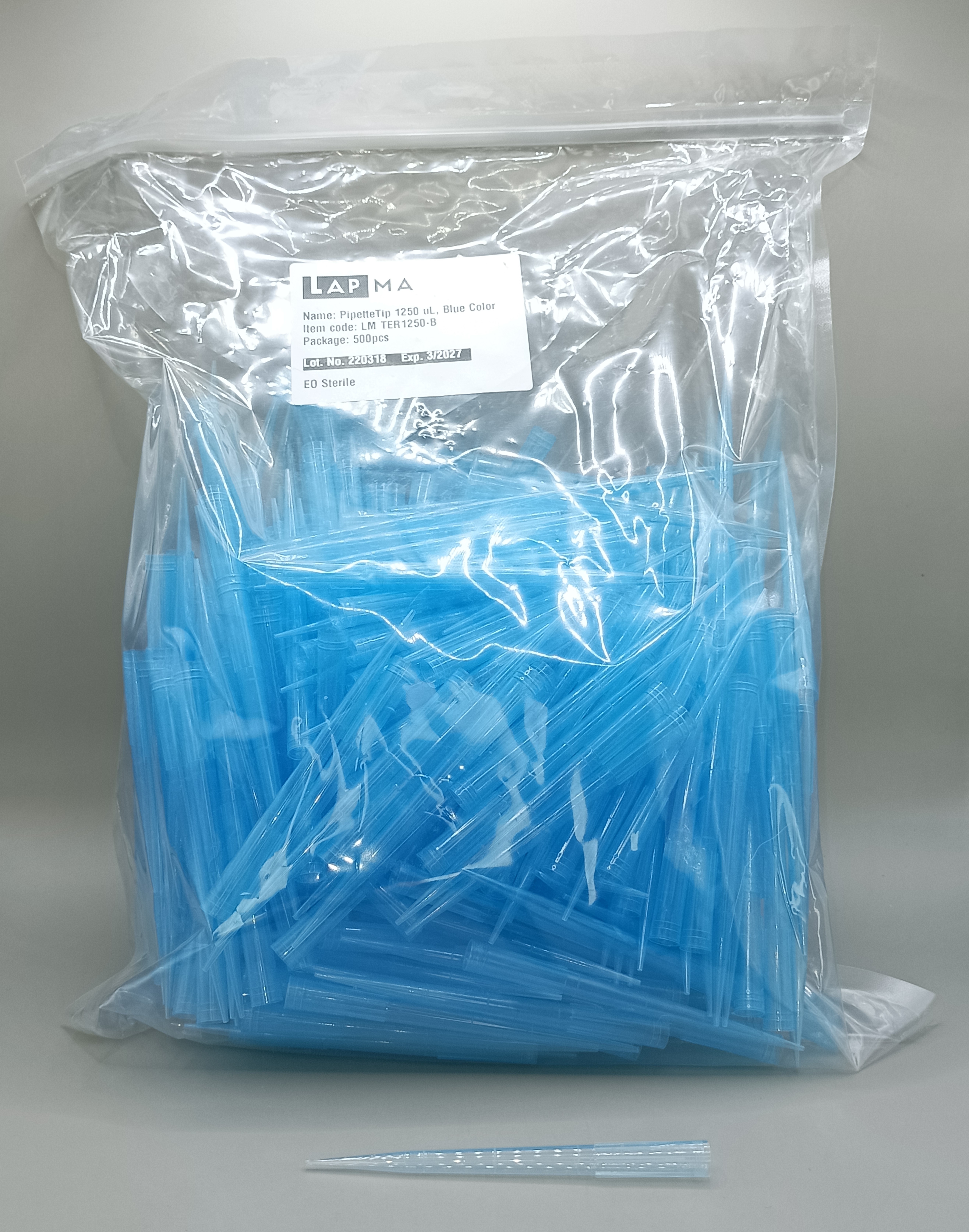 Tip blue long 1000 ul, ทิปฟ้าแบบยาวขนาด 1000 ไมโครลิตร ,500ชิ้น/ถุง