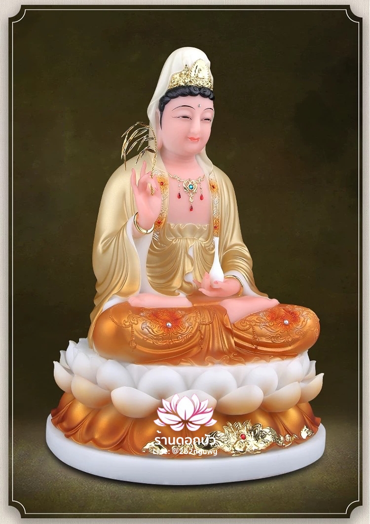 พระโพธิสัตว์กวนอิม พระแม่กวนอิมปางประทานพร ประทับนั่งบนดอกบัว งานหินอ่อน ขนาด 12/16/19 นิ้ว