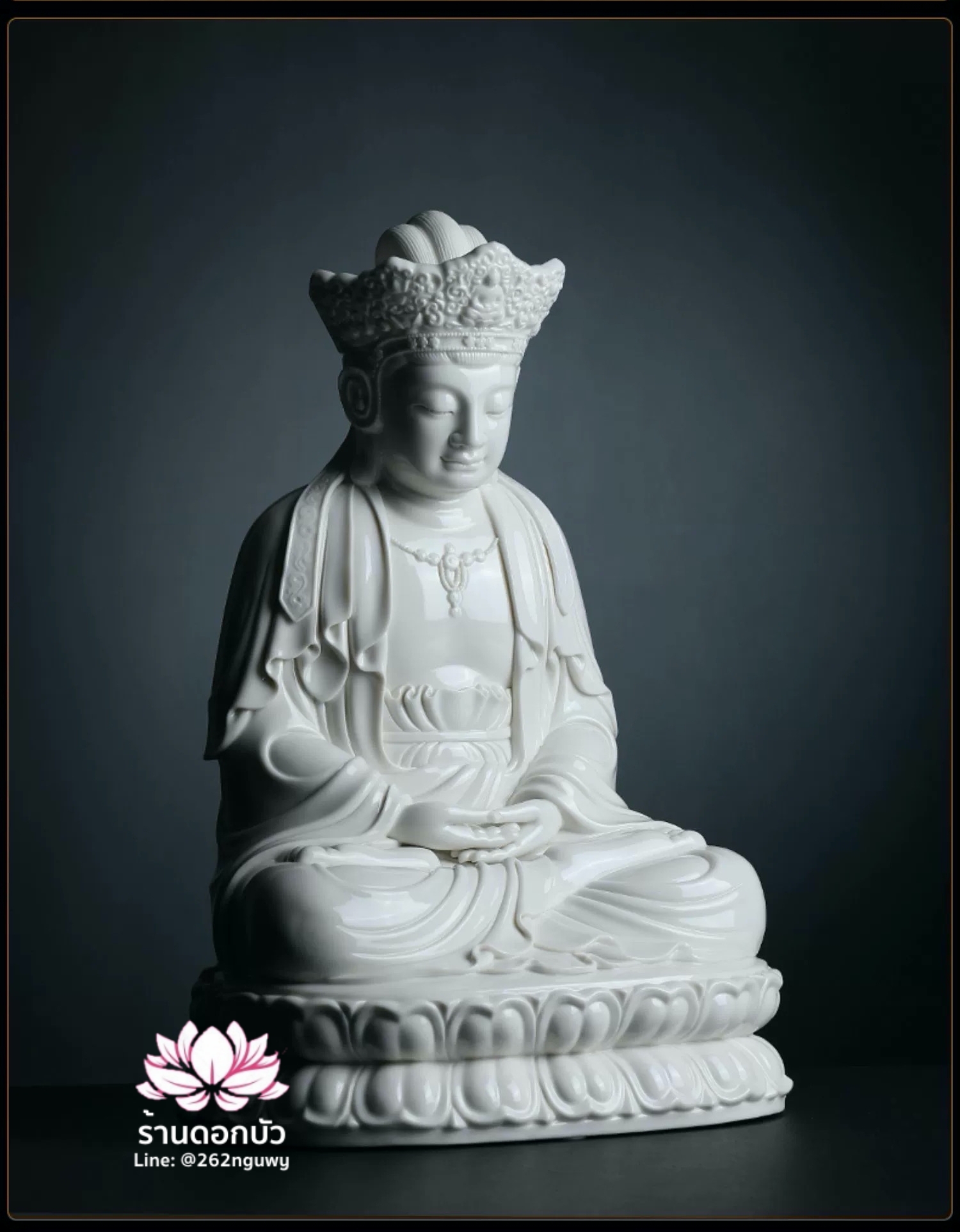 พีลูกวนอิม พระโพธิสัตว์กวนอิมปางสำเร็จธรรม ฝีมือช่างระดับอาจารย์ สีขาวเคลือบเงา ขนาด 9/18 นิ้ว