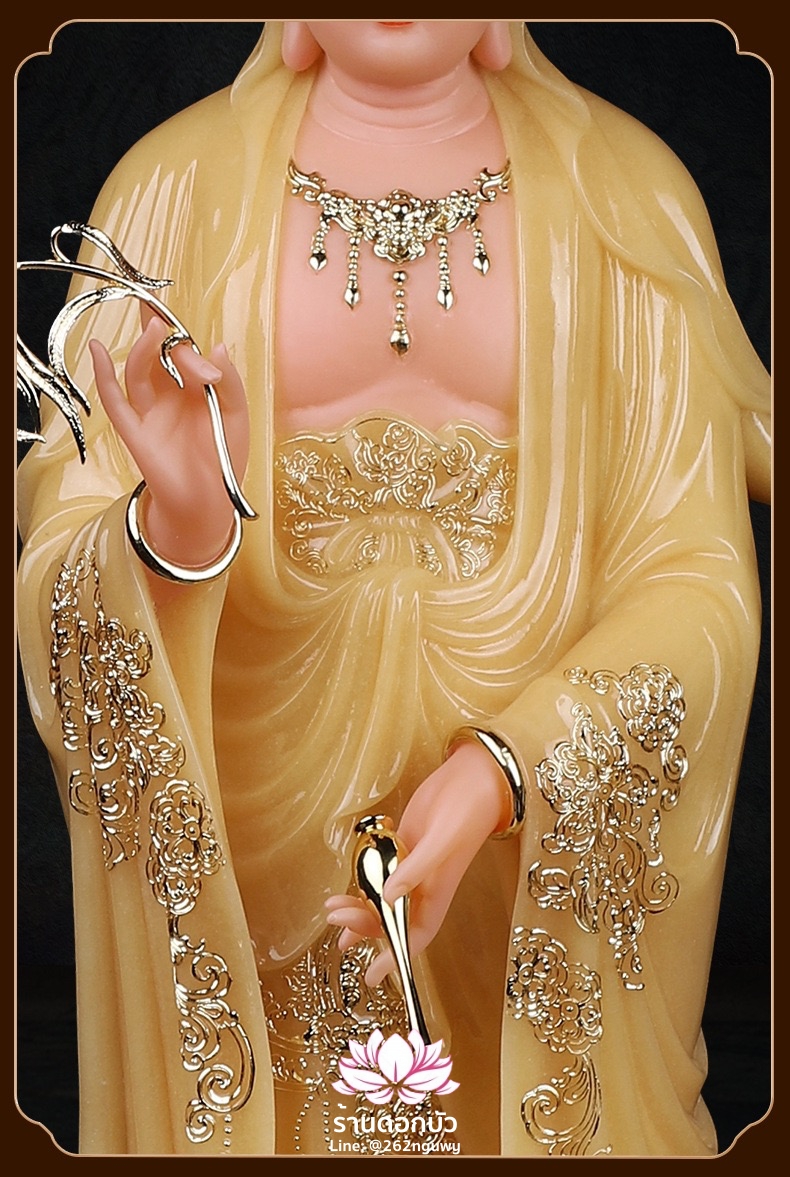 พระโพธิสัตว์กวนอิม พระแม่กวนอิมปางประทานพร ประทับยืนบนกลีบบัว งานหินอ่อนคุณภาพสูง ขนาด 16/19/26/35/51 นิ้ว สีบุษราคัม