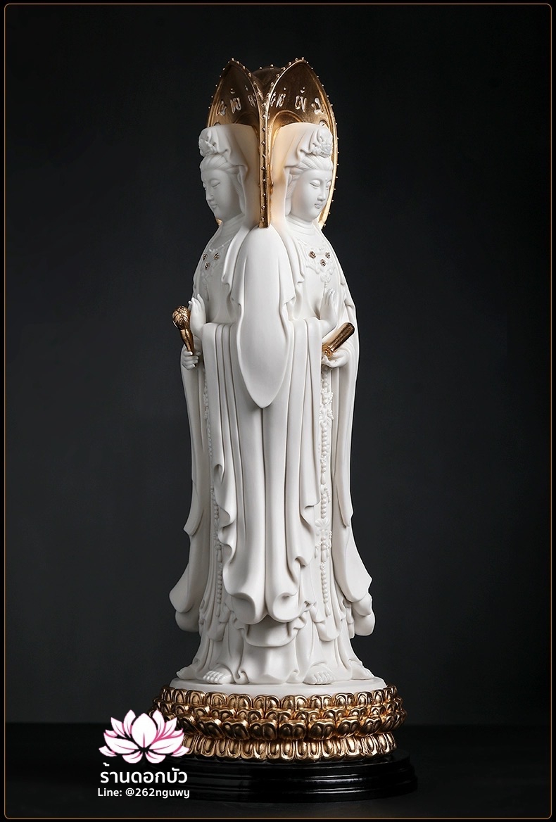 พระโพธิสัตว์กวนอิม 3 พระพักตร์ พระแม่กวนอิม 3 ปาง สีขาวปิดทอง ขนาด 15 นิ้ว