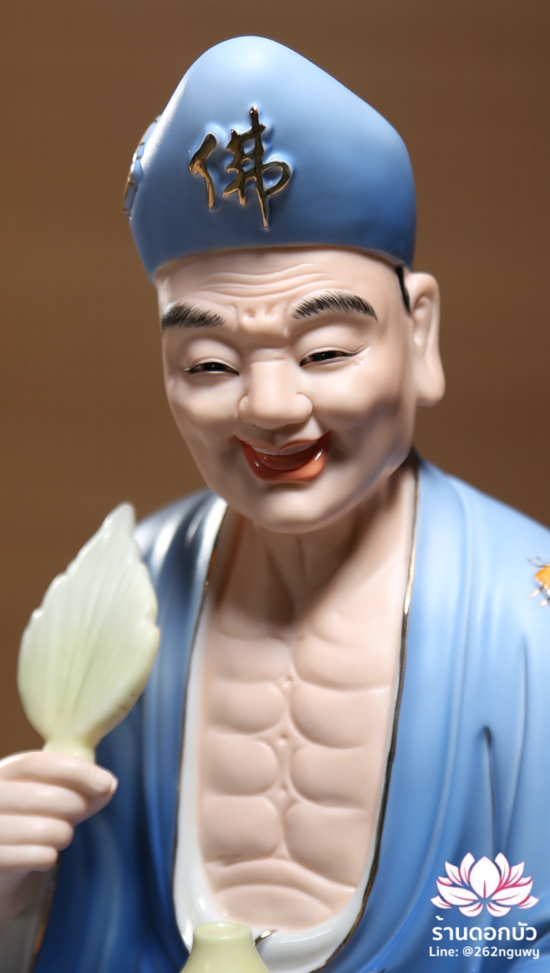 พระอรหันต์จี้กง เต้าจี้ฉานซือ งานกระเบื้องฮกเกี้ยน สีฟ้า ขนาด 12/16 นิ้ว