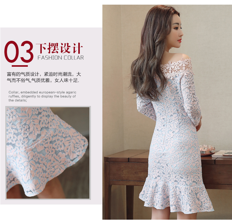 ชุดเดรสสั้นผ้าลูกไม้สีฟ้าลายสีชมพูแซม ช่วงเสื้อแบบเปิดไหล่ไหล่ ทรงเข่ารูป สวย หรู