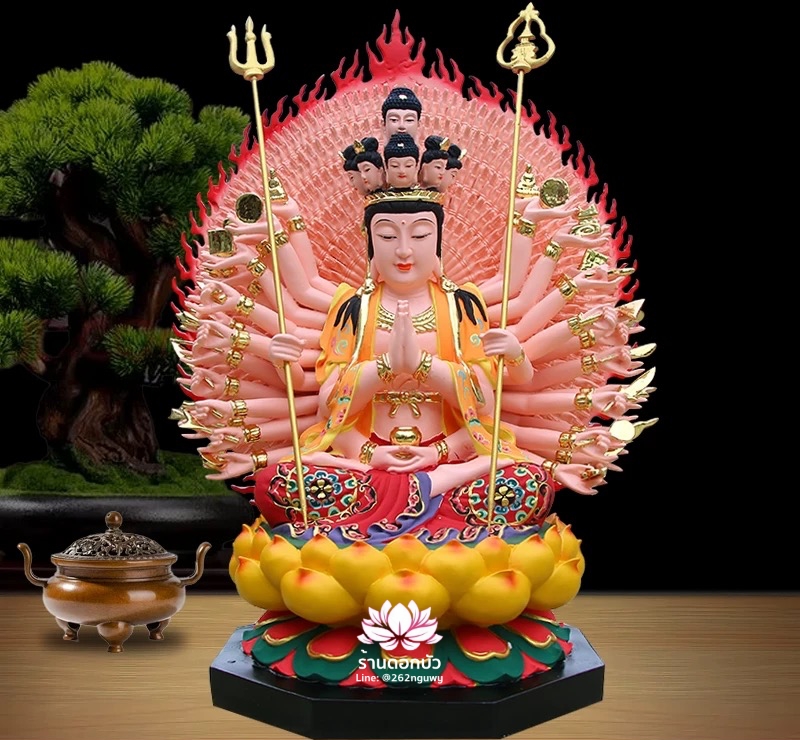 องค์พระโพธิสัตว์กวนอิมพันกร พระแม่กวนอิมพันมือ งานเรซิ่นลงสีวาดลวดลาย ขนาด 12/16/19 นิ้ว