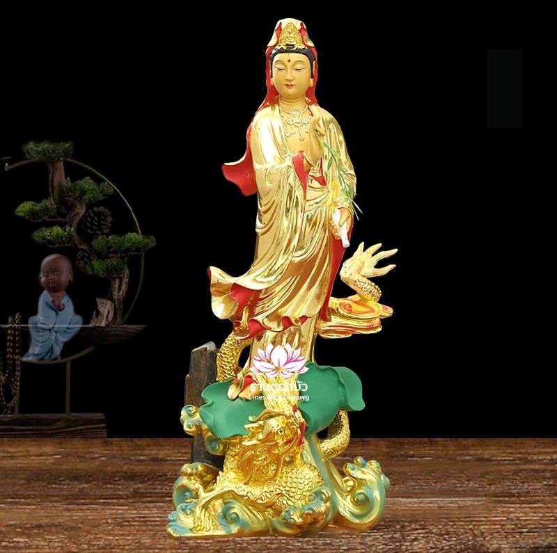 พระโพธิสัตว์กวนอิมปางเหยียบมังกร พระแม่กวนอิมยืนมังกร งานเรซิ่น สีทอง/ขาว/ฟ้า ขนาด 26 นิ้ว