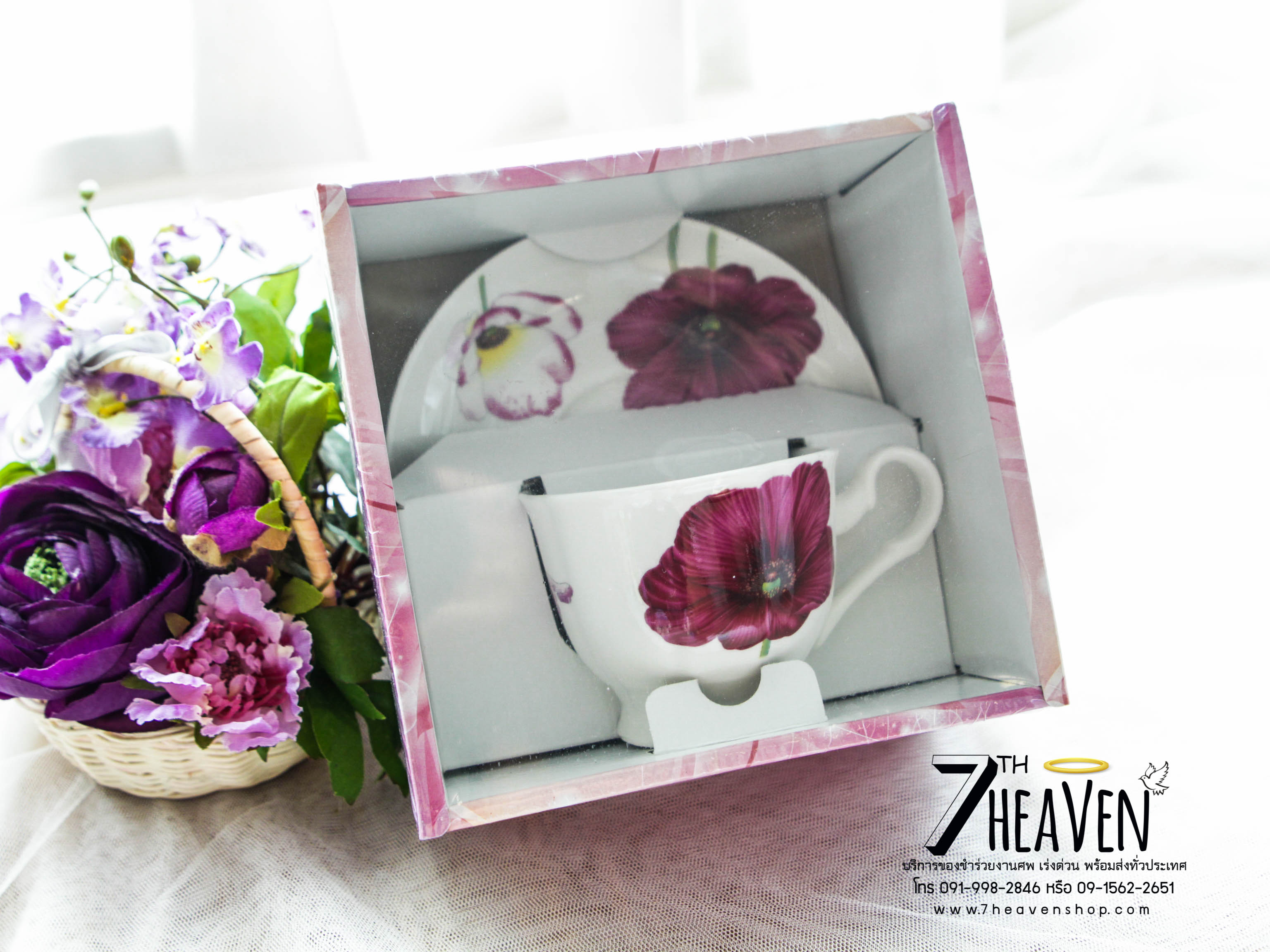 ชุดแก้วกาแฟ จานรองเซรามิค พร้อมช้อน แพคในกล่องโชว์ของด้านใน