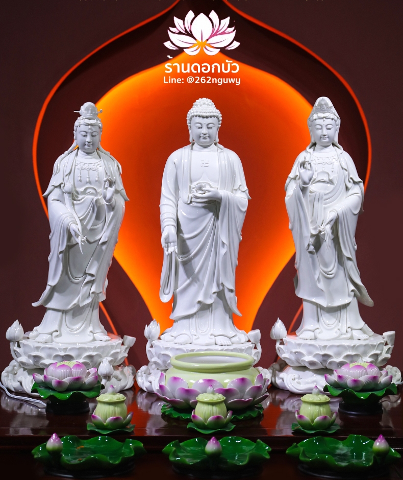 พระพุทธเจ้า (พระยูไล) พระโพธิสัตว์กวนอิม (กวนอิมผ่อสัก) พระมหาสถามปราปต์โพธิสัตว์ (ไต่ซีจี่ผ่อสัก) ปางยืนประทับบนดอกบัว ขนาด 23 นิ้ว