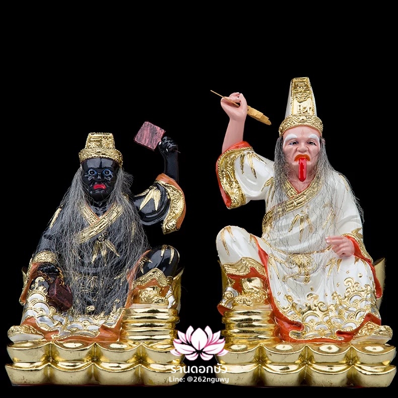 ชิดเอี๋ยโป๊ยเอี๋ย ตั่วแปะหยี่แปะ ยมฑูตขาวดำ ปางนั่งบนก้อนเงิน งานเรซิ่น ขนาด 8 นิ้ว