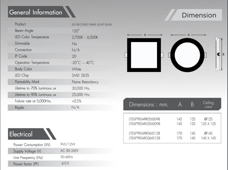 LiTON โคมไฟดาวน์ไลท์ LED ฝังฝ้า 5 นิ้ว 9W 6 นิ้ว 12W ขอบดำ กลม เหลี่ยม โคมไฟเพดาน 5" 6" DLUX ดาวไลท์ downlight