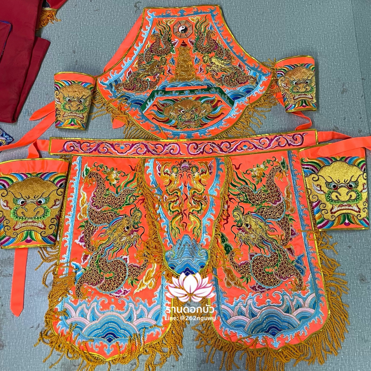 ชุดร่างทรง ชุดม้าทรง ต้อพระจีน ปักลายมังกร งานปักพรีเมียม สีส้ม/เหลือง/เขียว/ดำ/แดง