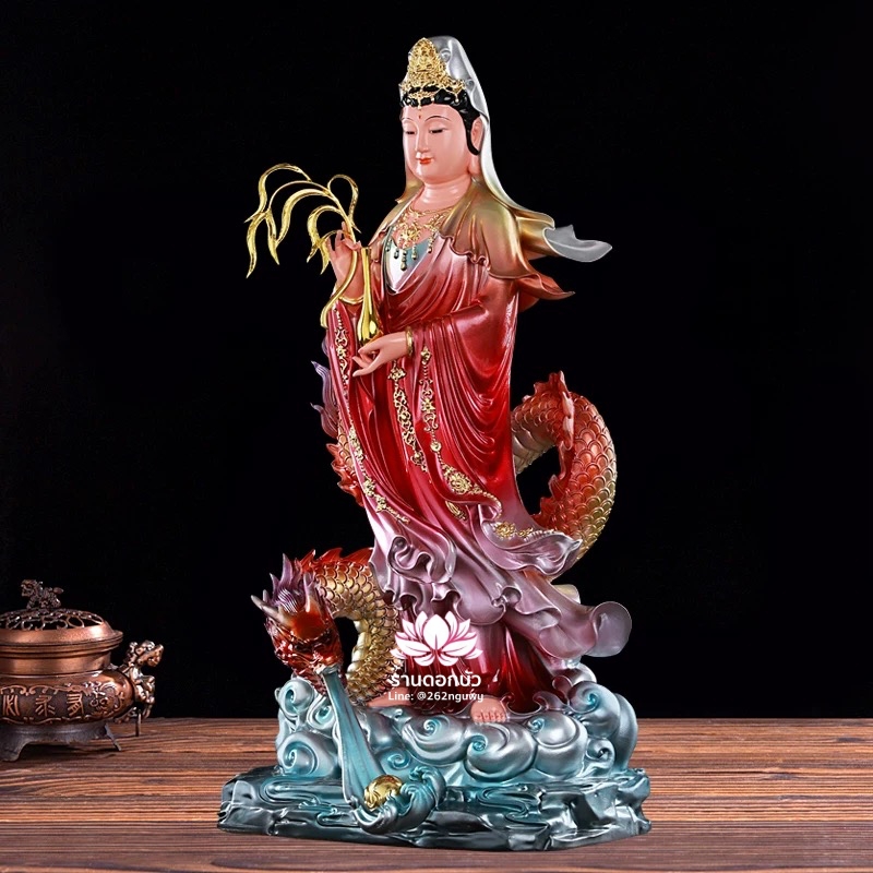 พระโพธิสัตว์กวนอิมปางเหยียบมังกร พระแม่กวนอิมยืนมังกร งานเรซิ่น ขนาด 19/26 นิ้ว