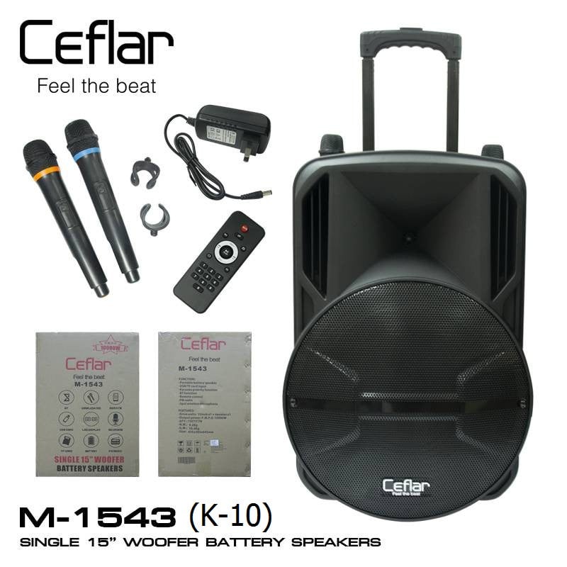 CEflar รุ่น M-1543 (K10) 15 นิ้ว บลูทูธ USB XLR และมีช่องเสียบไมค์สาย และมีไมค์ลอย 2 ตัว มีแบบเตอรี่ในตัว แอมป์ในตัว P.M.P.O. 10000W