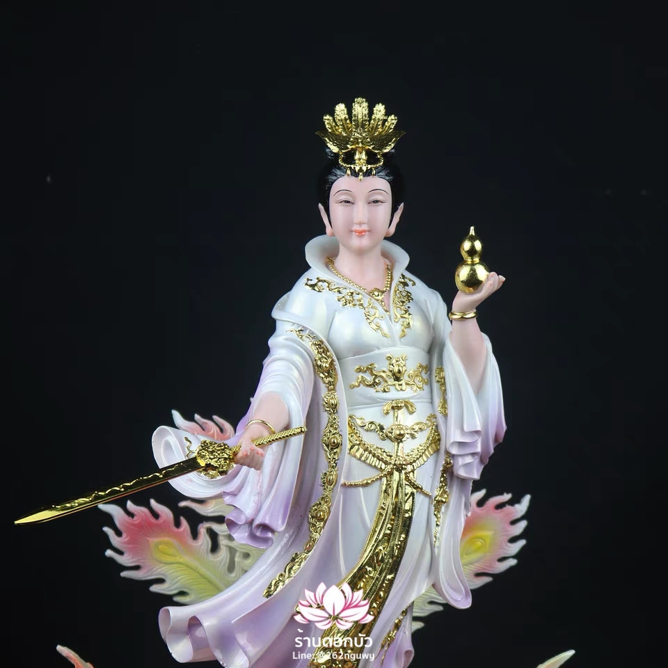 กิ่วเที้ยนเฮี่ยนลื้อ กิวเทียงเหี่ยงนึ่ง จิ่วเทียนเสวียนนี่ ปางยืนบนหงส์บริวาร งานหินอ่อน ขนาด 12/16/19 นิ้ว