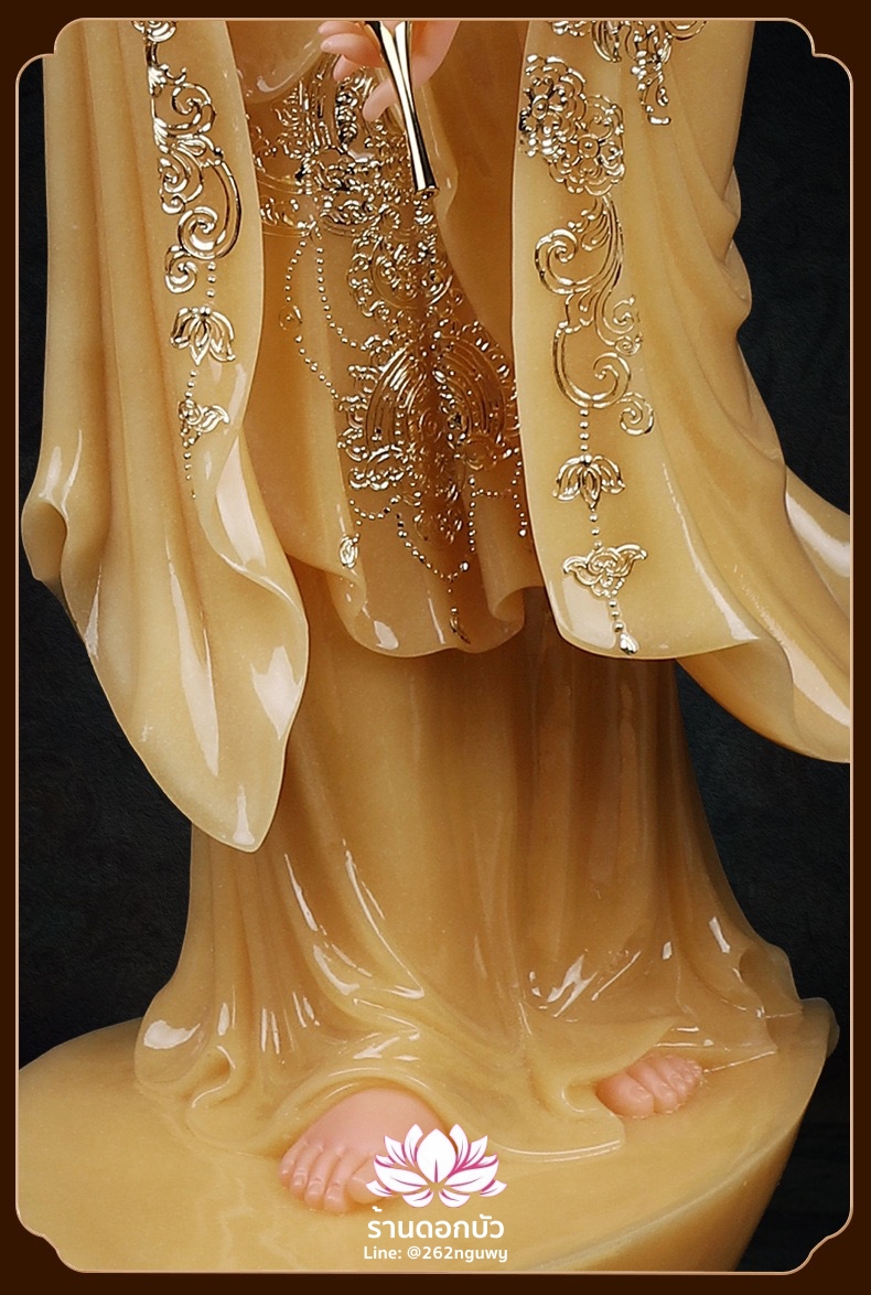 พระโพธิสัตว์กวนอิม พระแม่กวนอิมปางประทานพร ประทับยืนบนกลีบบัว งานหินอ่อนคุณภาพสูง ขนาด 16/19/26/35/51 นิ้ว สีบุษราคัม