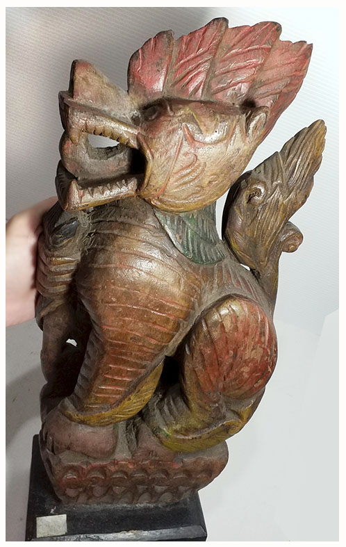สิงห์ไม้แกะ ไม้แกะสลักประดับหัวเกวียน ศิลป์พม่า สูง 38cm