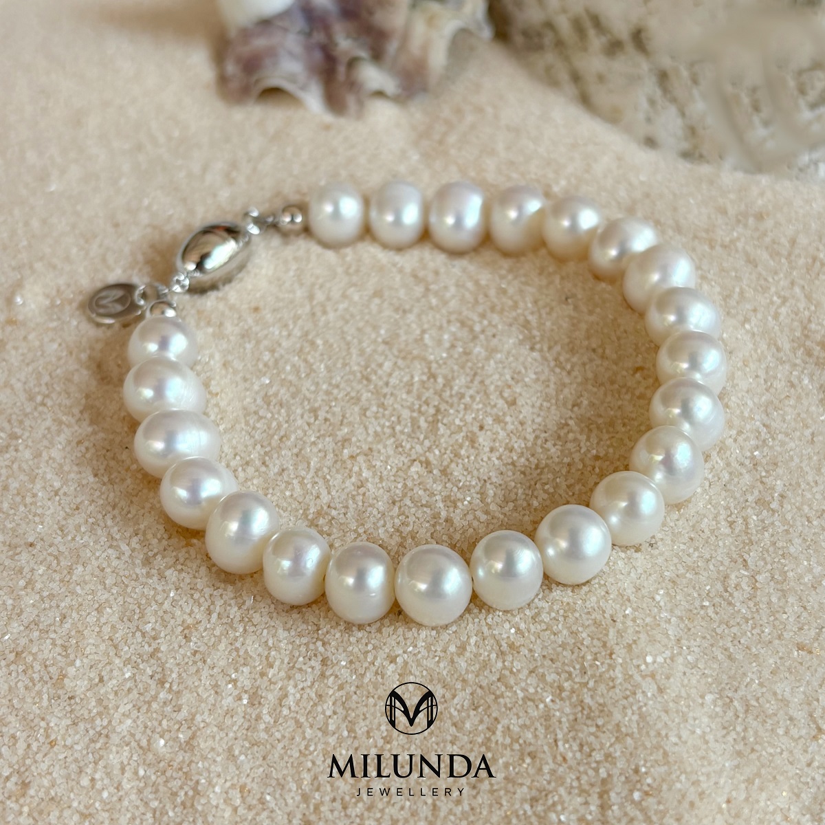 กำไลไข่มุกแท้ แบบตะขอแม่เหล็กทำด้วยเงินแท้ Silver 925