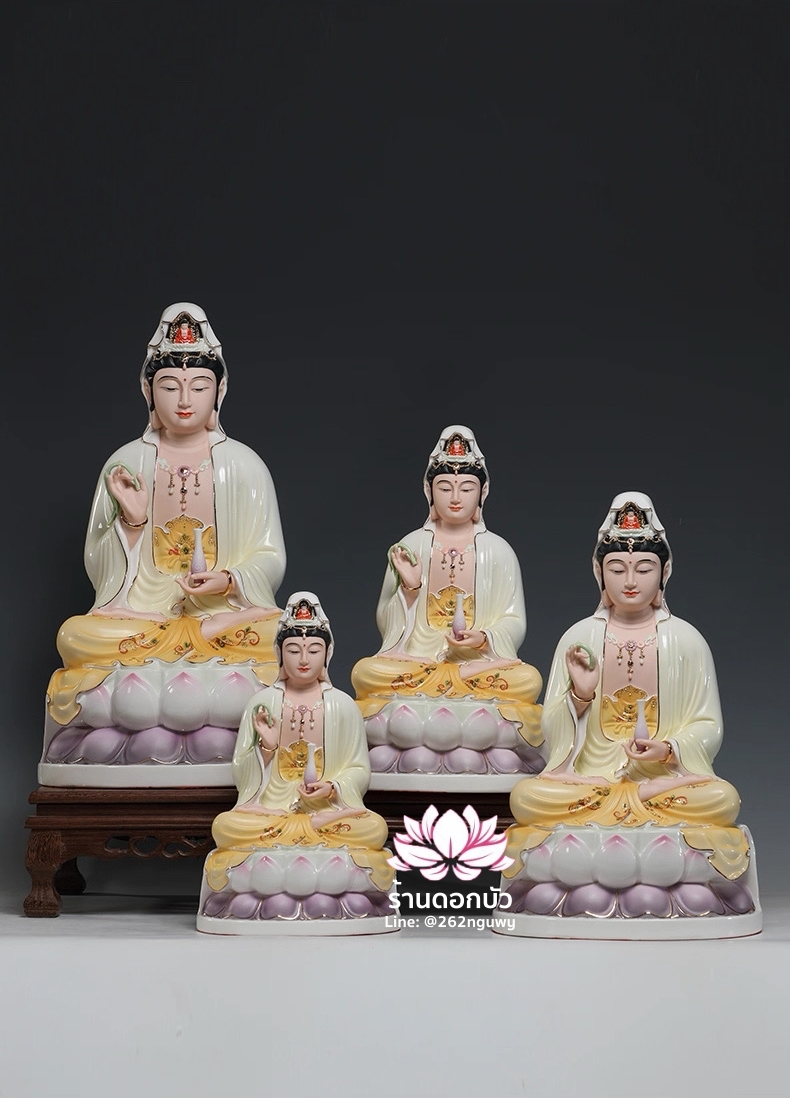 พระโพธิสัตว์กวนอิม พระแม่กวนอิมปางประทานพร ประทับนั่งดอกบัว งานกระเบื้องฮกเกี้ยน ขนาด 12/14/16/19 นิ้ว
