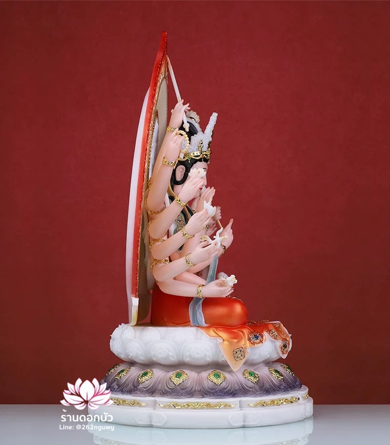 พระจุนทีโพธิสัตว์ พระโพธิสัตว์จุนทา ประทับนั่งบนดอกบัว งานหินอ่อนคุณภาพสูง ขนาด 12/16/19 นิ้ว