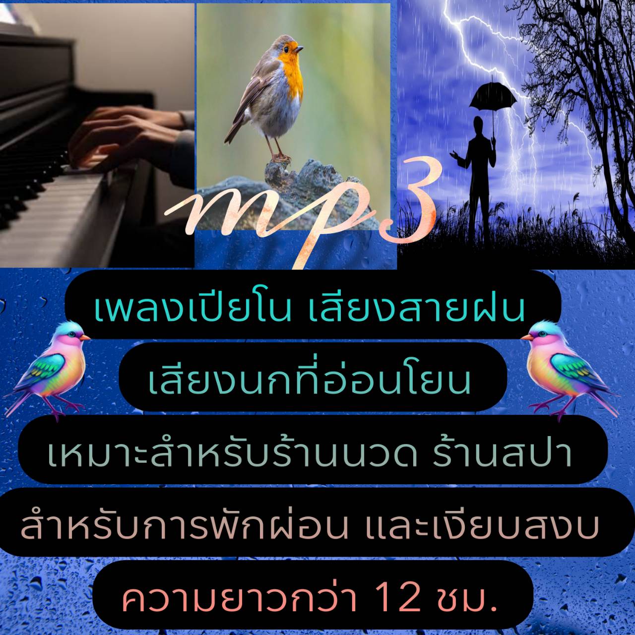 [พรเทวะ] แฟลชไดร์ฟ USb mp3 เพลงเปียโน เสียงสายฝน เสียงนกที่อ่อนโยน เหมาะสำหรับร้านนวด ร้าน สปา สำหรับการพักผ่อนและเงียบสงบ ความยาวกว่า 12 ชม. ใช้กับเครื่องเล่น USB/mp3 ทุกชนิดหรือเปิดฟังในรถยนต์เปิดในคอมพิวเตอร์ได้ *** สามารถ โหลดใส่มือถือ ฟังได้ ** เปิดใ