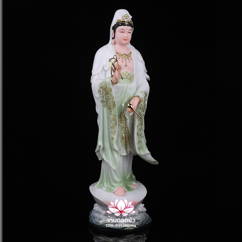 พระโพธิสัตว์กวนอิม พระแม่กวนอิมปางประทานพร ประทับยืนบนกลีบบัว งานหินอ่อนคุณภาพสูง ขนาด 16/19/26/35/51 นิ้ว สีหยก