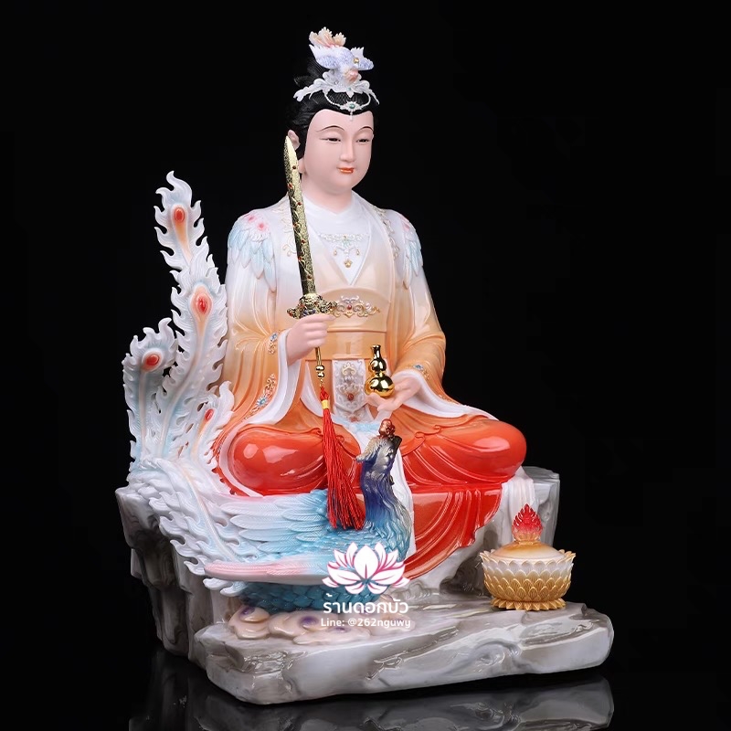 กิ่วเที้ยนเฮี่ยนลื้อ กิวเทียงเหี่ยงนึ่ง จิ่วเทียนเสวียนนี่ ปางนั่งบัลลังก์พร้อมหงส์บริวาร งานเรซิ่นเทคนิคกระเบื้อง ขนาด 12/16/19 นิ้ว
