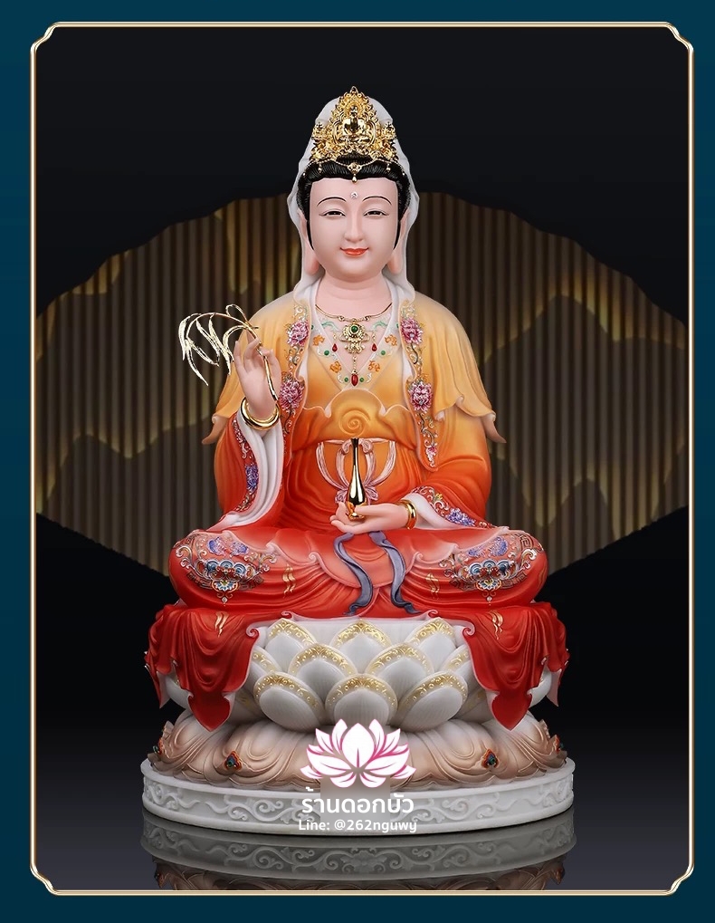 พระโพธิสัตว์กวนอิม พระแม่กวนอิมปางประทานพร ประทับนั่งบนดอกบัว งานหินอ่อน ขนาด 16/19/26/36 นิ้ว