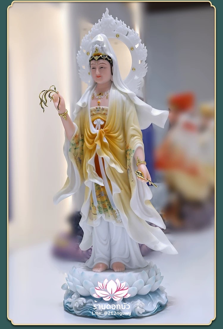 พระโพธิสัตว์กวนอิม พระแม่กวนอิมปางประทานพร ประทับยืนบนดอกบัว งานหินอ่อนคุณภาพสูง ขนาด 19/26/36/42 นิ้ว