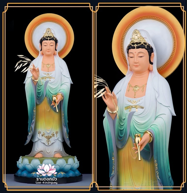 พระพุทธเจ้า (พระยูไล) พระโพธิสัตว์กวนอิม (กวนอิมผ่อสัก) พระมหาสถามปราปต์โพธิสัตว์ (ไต่ซีจี่ผ่อสัก) ปางยืนบนดอกบัว ขนาด 12/16/19/26 นิ้ว