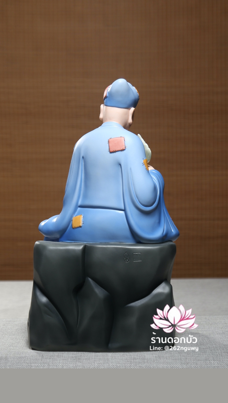 พระอรหันต์จี้กง เต้าจี้ฉานซือ งานกระเบื้องฮกเกี้ยน สีฟ้า ขนาด 12/16 นิ้ว