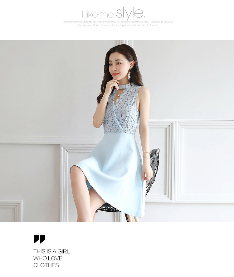 ชุดเดรสสั้นสีฟ้าเสื้อลูกไม้คอวีแขนกุด กระโปรงทรงเอ สวยเก๋ ดูดี
