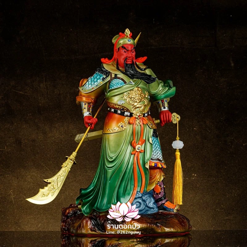 เทพเจ้ากวนอู กวนเต้กุ๊น เฮียบเที้ยนไต่เต่ หรือ กวนเส่งเต้กุ้น ปางออกศึก ประทับยืน ขนาด 16/19/26 นิ้ว สีเขียว/แดง