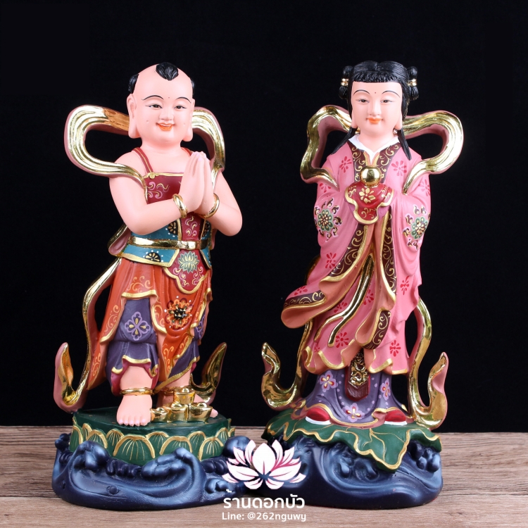องค์พระเซียนจ๋าย-หยกลื้อ ลูกศิษย์พระโพธิสัตว์กวนอิม งานเรซิ่น ลงสีวาดลวดลาย ขนาด 12/16 นิ้ว