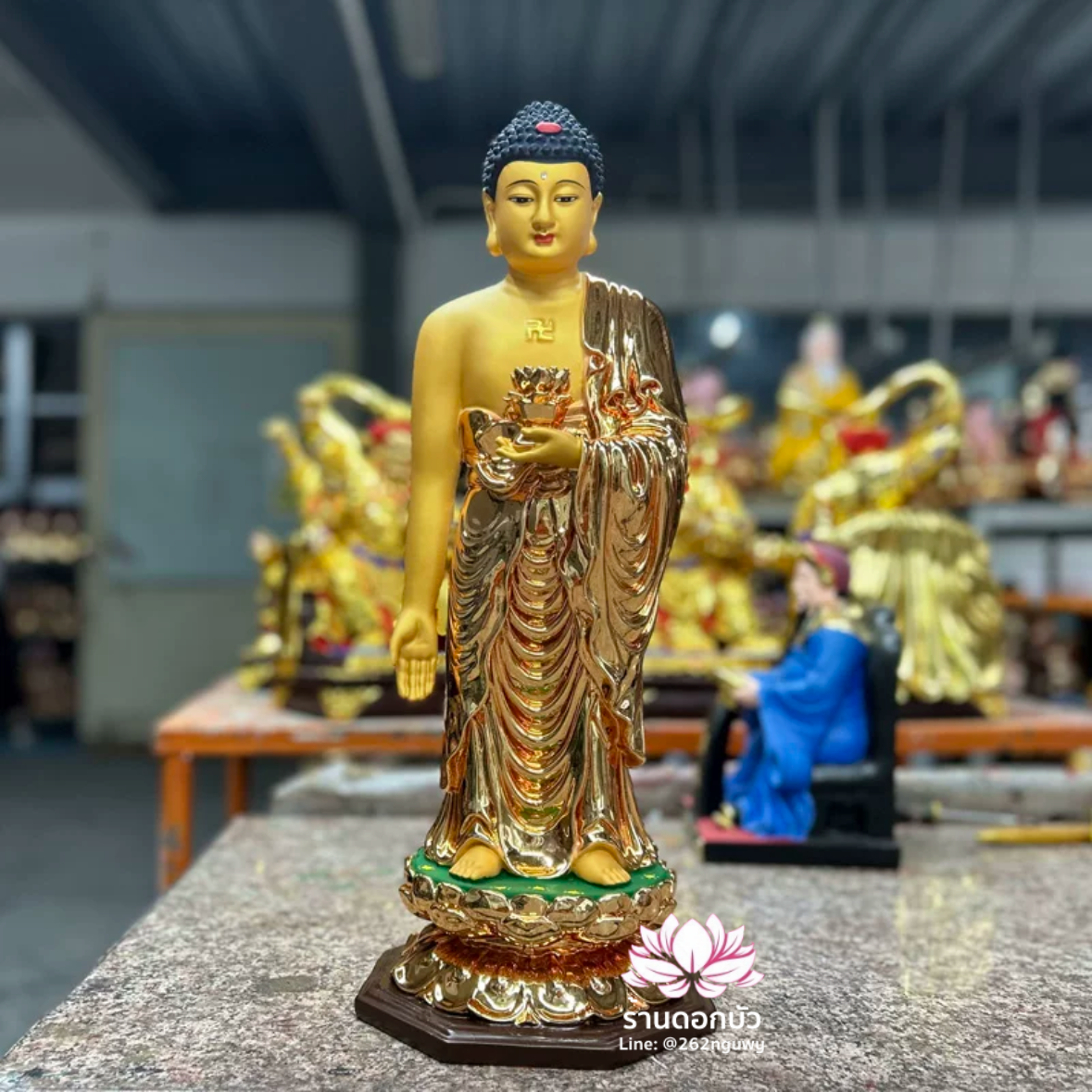 พระพุทธเจ้า พระยูไล ปางประทับยืนบนบัลลังก์ดอกบัว งานเรซิ่น ขนาด 16/19 นิ้ว สีแดง/ทอง