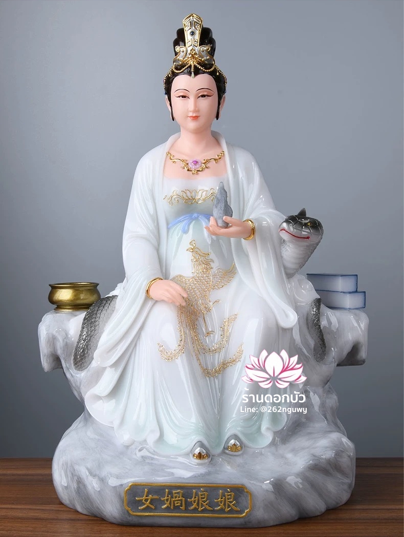 พระแม่หนี่วา เจ้าแม่หนี่วา เทพมารดาแห่งชาวจีน ปางนั่งพร้อมงูบริวาร งานหินอ่อนคุณภาพสูง ขนาด 12/16/19 นิ้ว